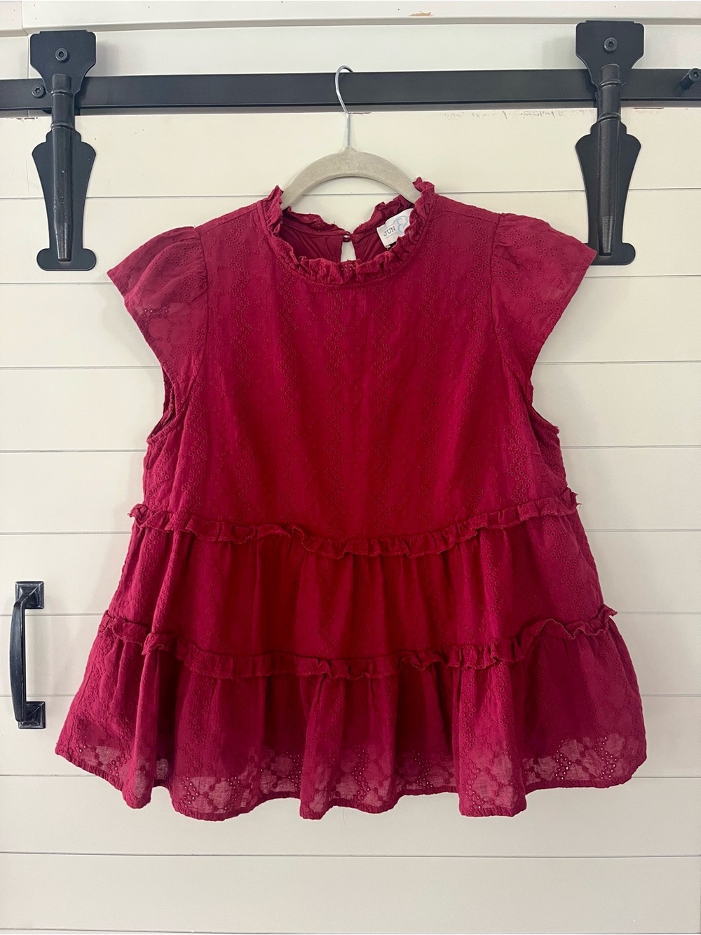 June & Ivy Ruffle Tiered Eyelet Blouse Deep Red Maroon Burgundy Babydoll Medium